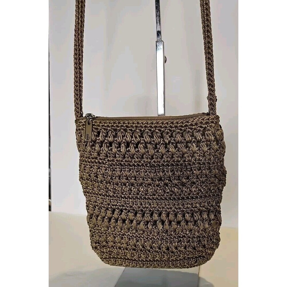 The SAK Shoulder Bag Brown Khaki Crochet Knit Purse Basic Hobo Crossbody Handbag